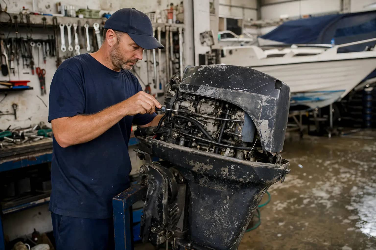 Marine technician servicing an outboard engine in the shop