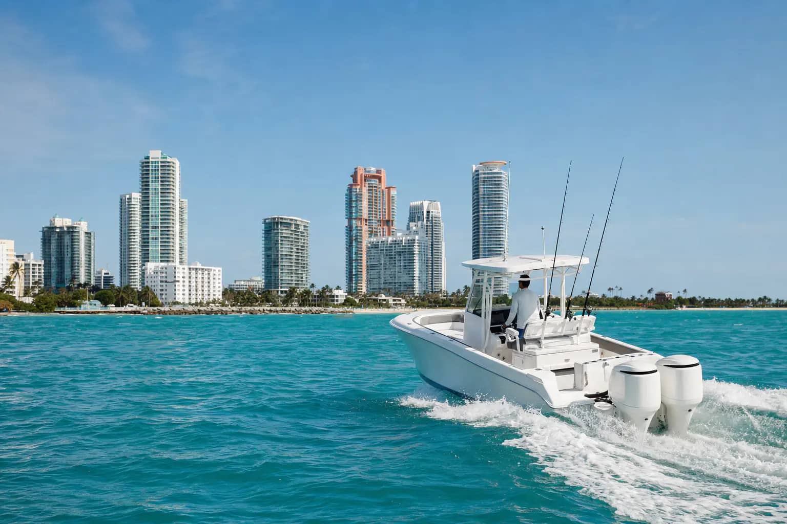 Boat cruising near the Miami skyline